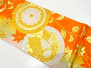 菊に蝶・楓模様織り出し　袋帯